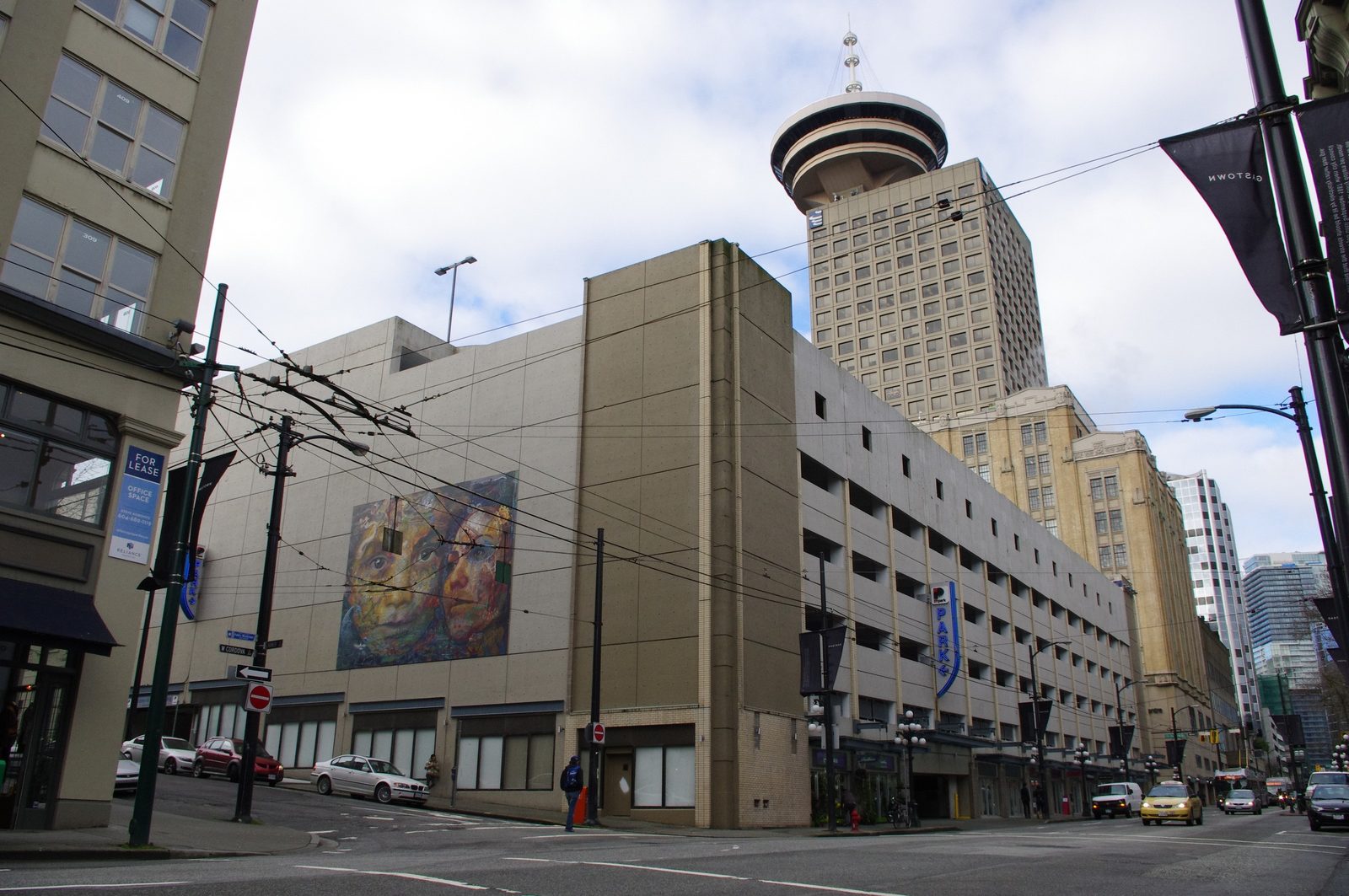 The Belonging Action on the east wall of the Harbour Centre parkade, seen from the street in downtown Vancouver